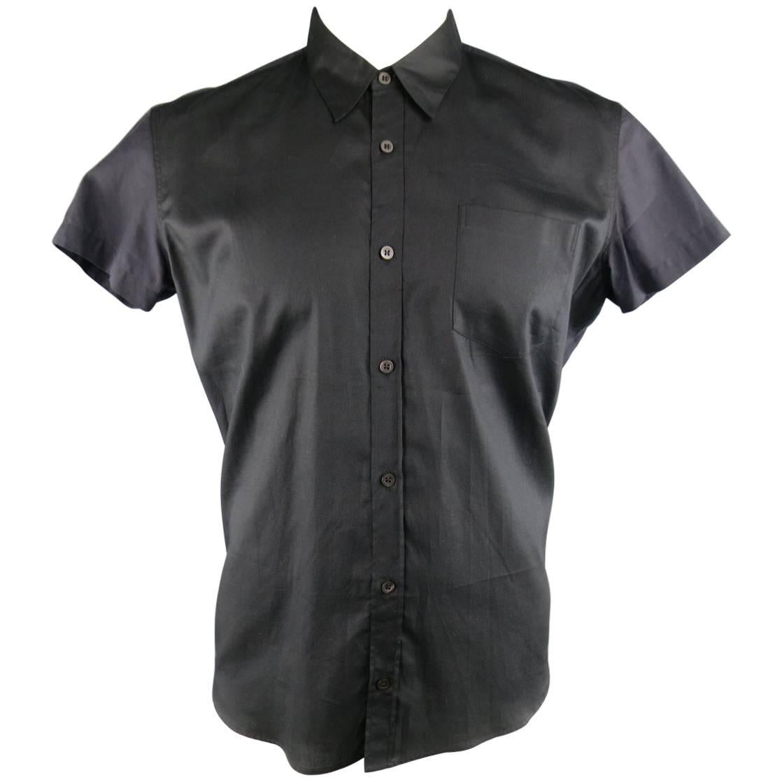 Men's DRIES VAN NOTEN Size L Black Mixed Fabrics Cotton Short Sleeve Shirt