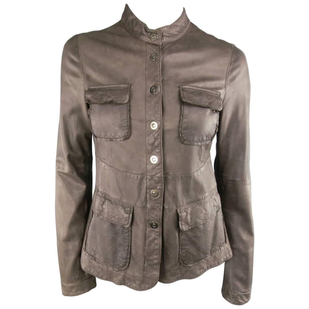 EMPORIO ARMANI Size 6 Taupe Distressed Leather Nehru Collar Snap Pocket Jacket