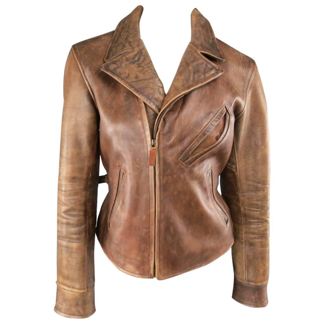 RALPH LAUREN Size M Tan Distressed Leather Biker Jacket
