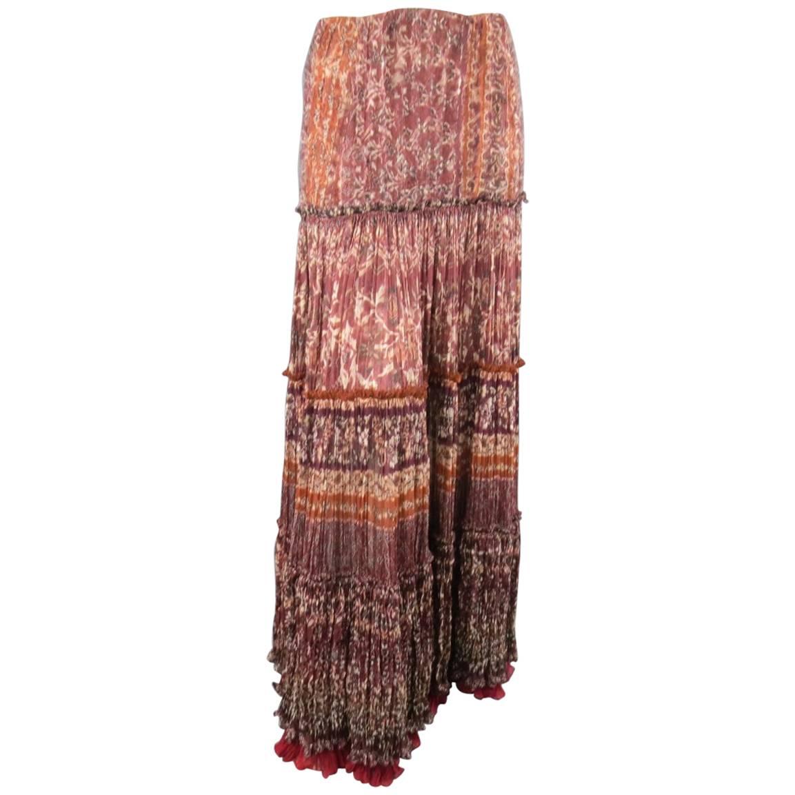 OSCAR DE LA RENTA Skirt - Size 8 Burgundy Floral Textured Silk Boho Maxi Skirt