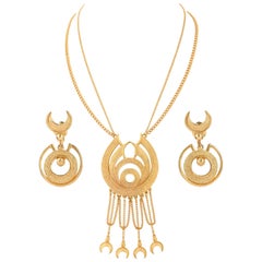 Retro FLORENZA c.1960's Gold Egyptian Revival Pendant Necklace Earrings Parure Set