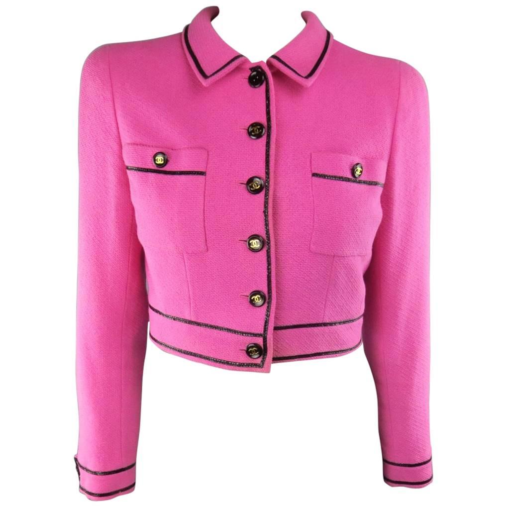 Vintage CHANEL 1995 8 Fuchsia Pink Collared Black Patent Piping Cropped Jacket