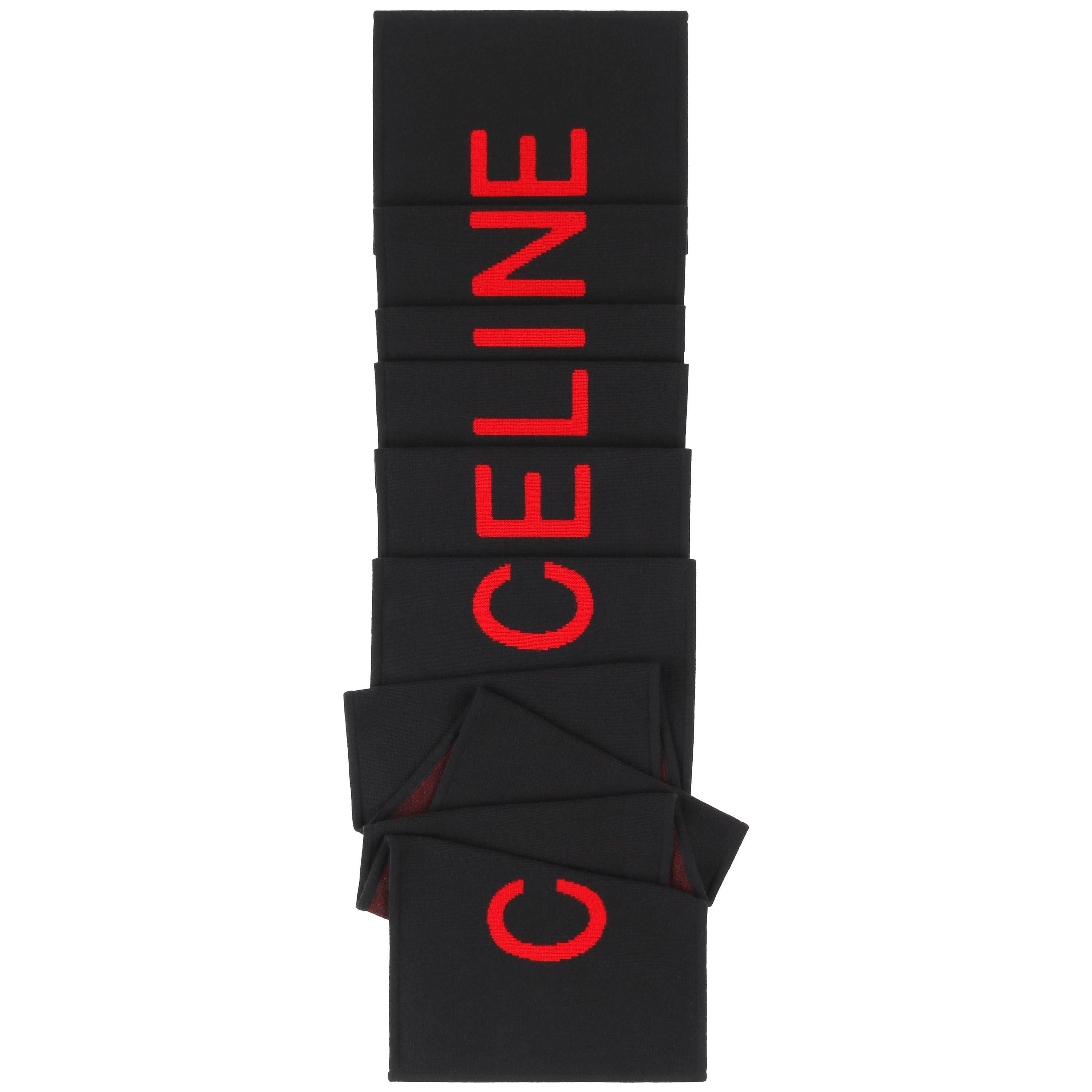 CELINE Red on Black "Celine" Double Knit Oblong Oversized Signature Scarf