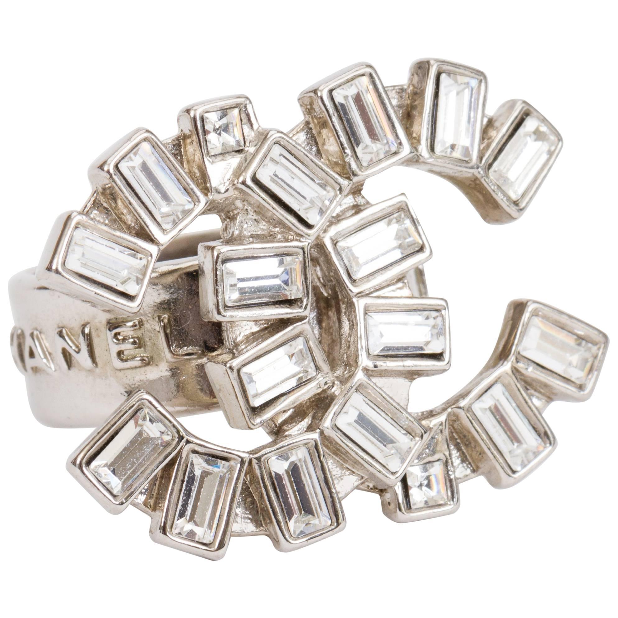 Chanel Rhinestone Baguettes Logo Ring Size 6.5