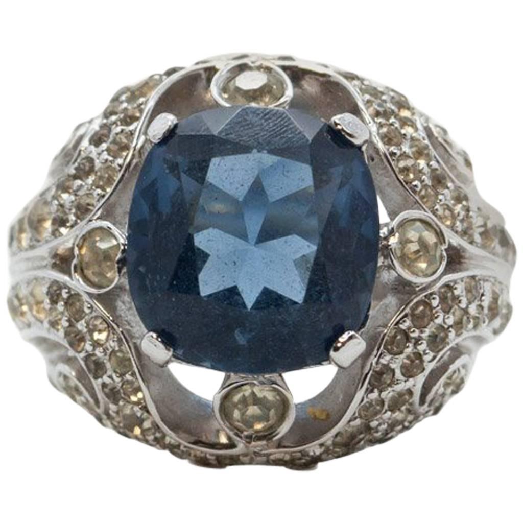 Mid 20th Century Jomaz Blue Sapphire & Clear Rhinestone Costume Cocktail Ring For Sale