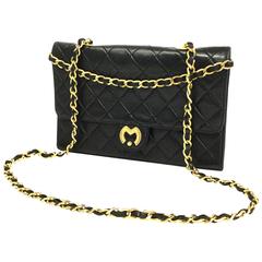 1980s Mila Schon Black Quilted Leather Gold Chain Cross body Purse