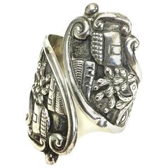 Antique Alfredo Villasana Taxco Sterling Village Scene Clamper Cuff, 1940s  