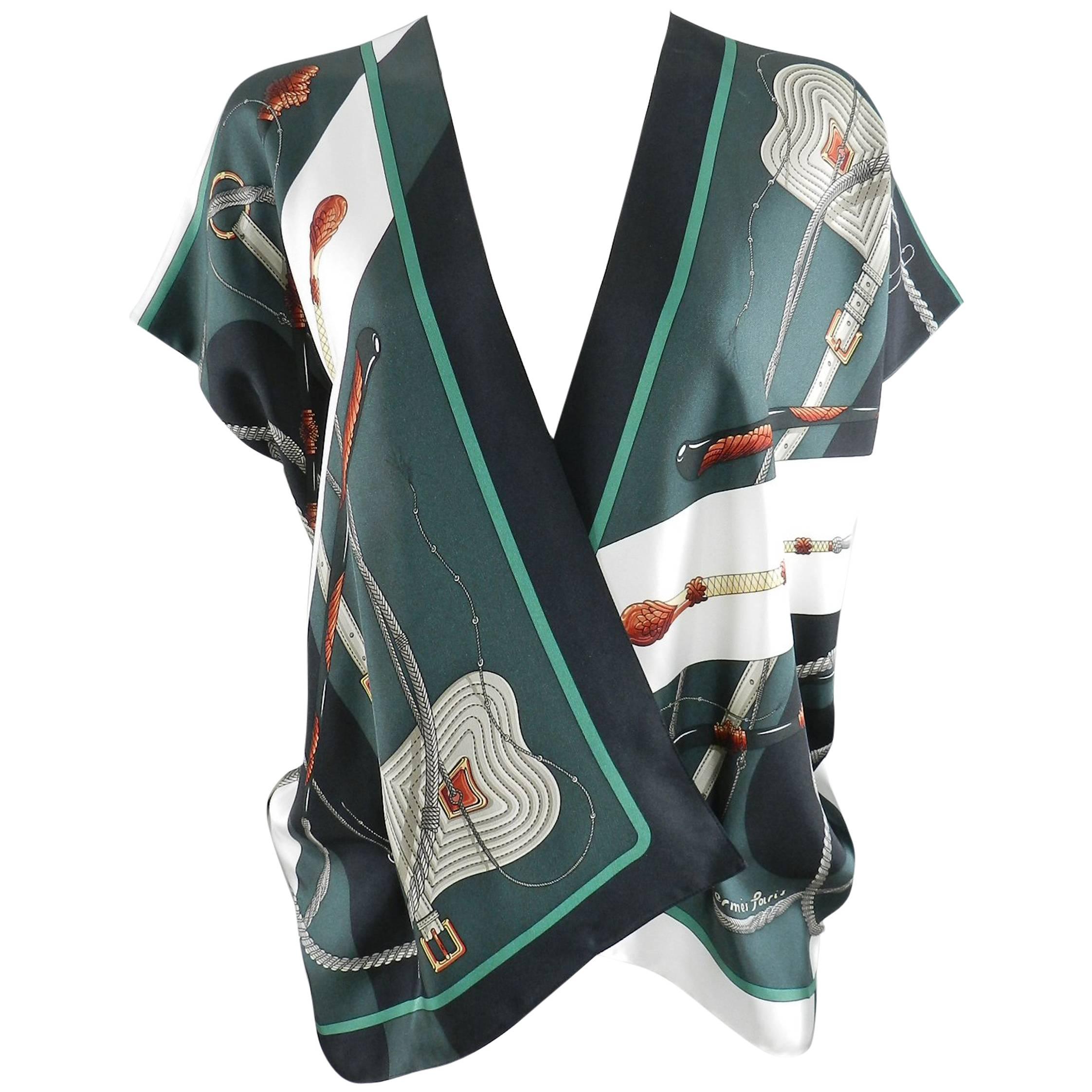Hermes Clic Clac by Julia Abadie Green Silk Twill Scarf Blouse / Top
