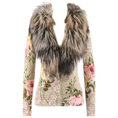 BLUMARINE A/W 2006 Multicolor Floral Print Genuine Fox Fur Collar Cardigan