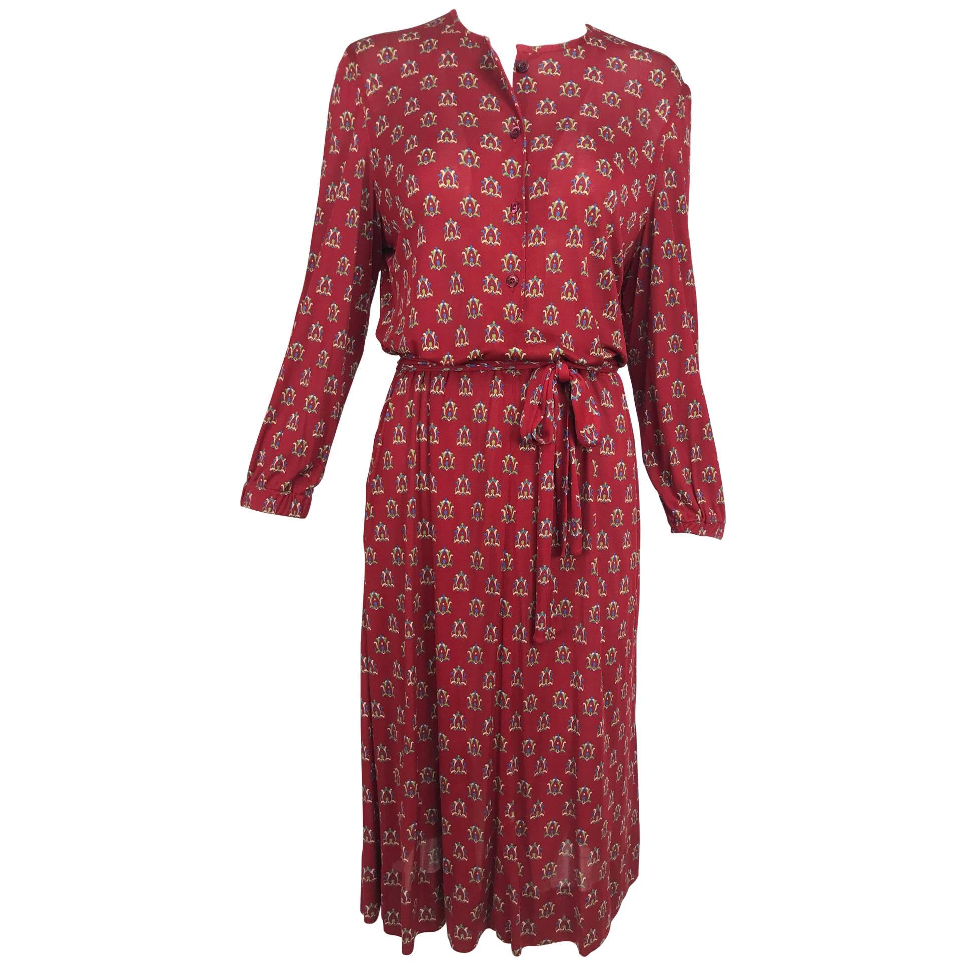 Vintage Celine fine wine silk knit print button front dress and belt 1970s