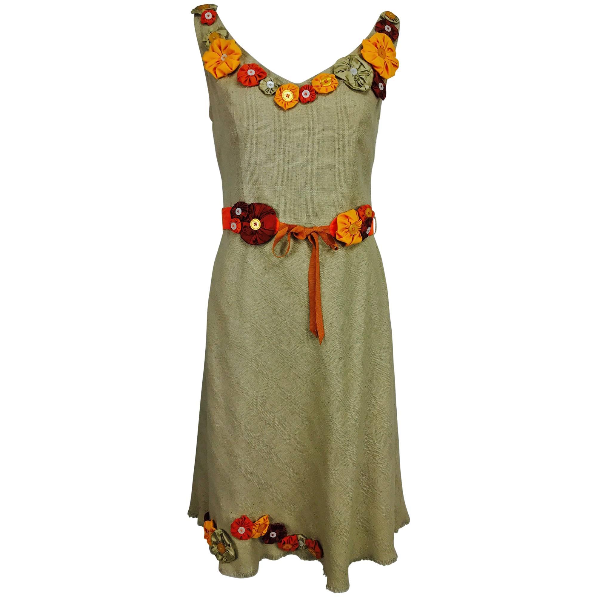 Moschino natural silk linen shift dress with floral appliques and ribbon belt 