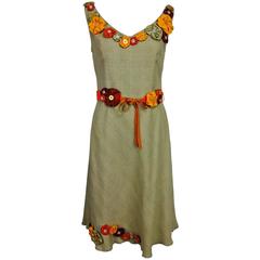 Moschino natural silk linen shift dress with floral appliques and ribbon belt 7