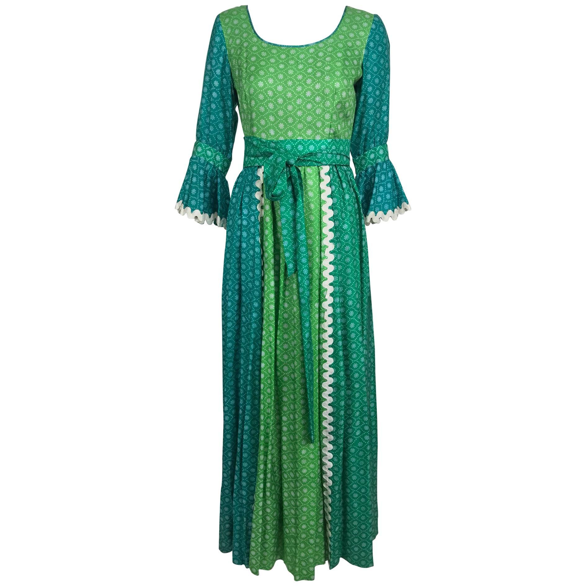 The Mirrors vintage aqua and green silk print maxi dress with white trim 1970s For Sale