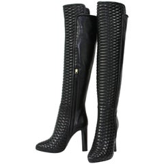 New Roberto Cavalli Textured Black Leather Over the Knee Boots It. 37 - US 7