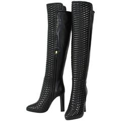 New Roberto Cavalli Textured Black Leather Over the Knee Boots It. 37 - US 7 5