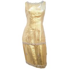 1960s Gold Lamé Cocktail Dress w/ Silver Beading