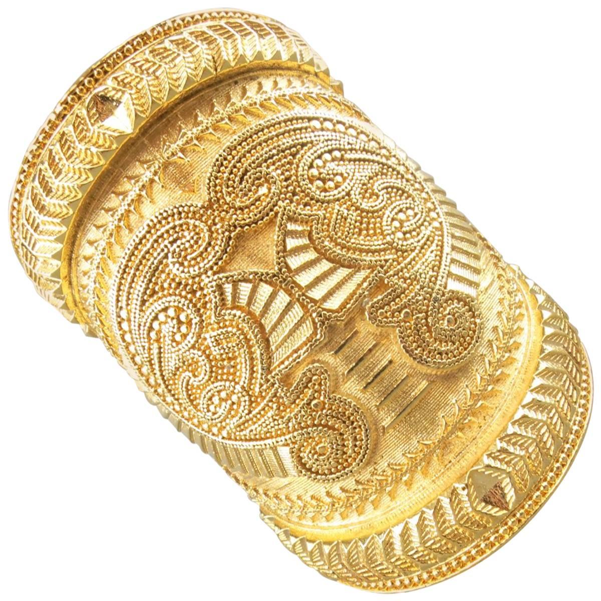 BALMAIN Gold Tone Engraved Brass Oversized Cuff Bracelet 2012