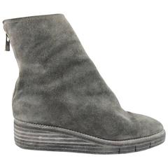 GUIDI Size 8 Grey Distressed Suede Pointed Wedge Ankle Boots