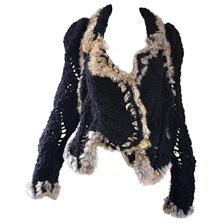 Black Knitted Rabbit Fur Sweater Jacket 