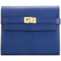 Hermes Kelly Wallet Chevre Myssore Leather Blue Color GHW