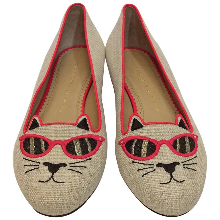 Charlotte Olympia Canvas Hot Pink Cat Flats For Sale at 1stDibs