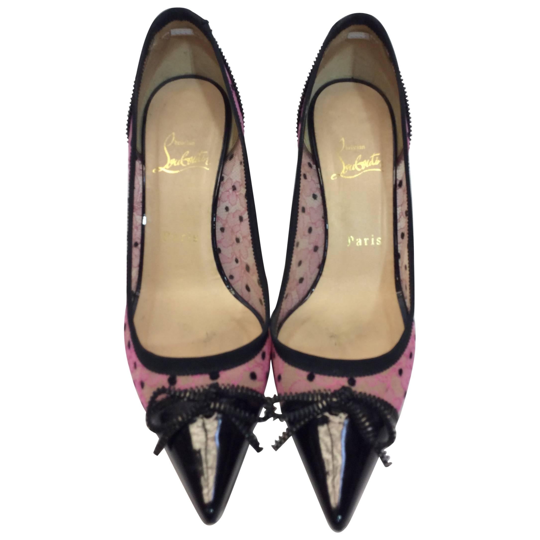 Christian Louboutin Pink Lace Zipper Detail Heels For Sale