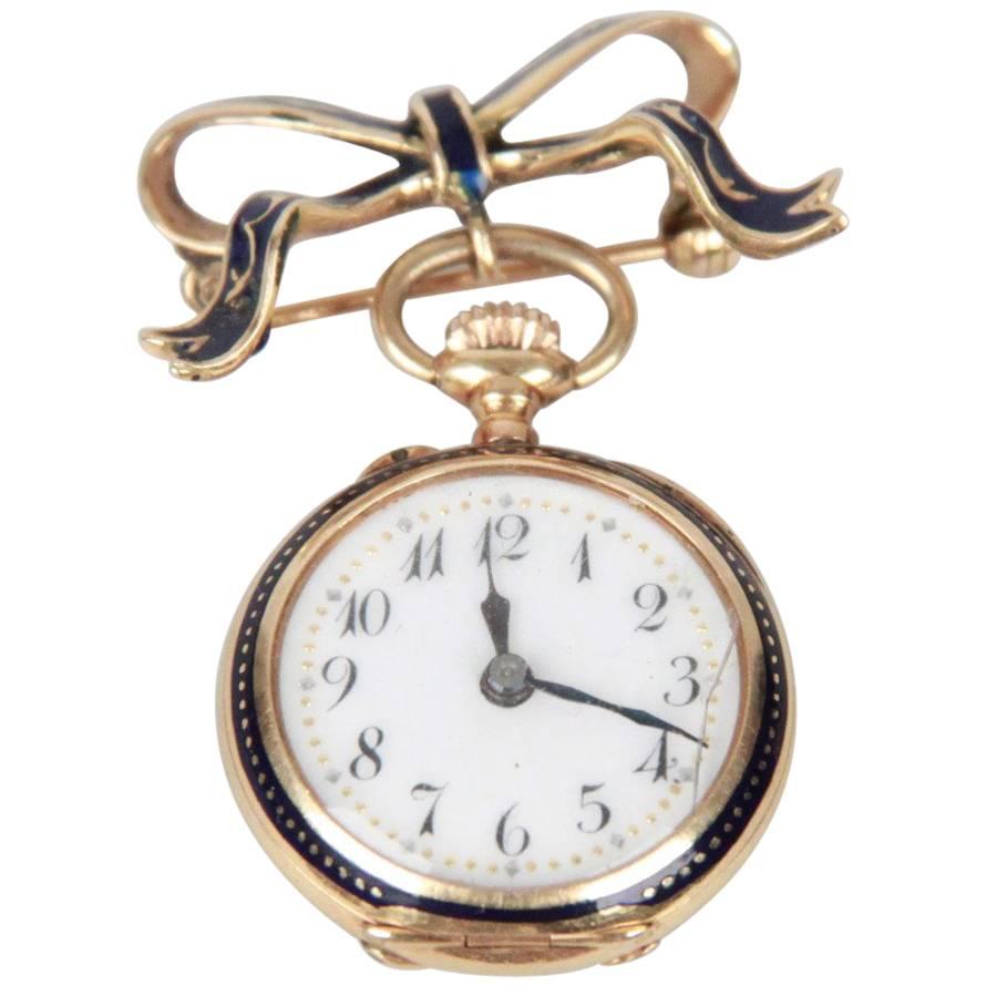Yellow Gold Blue Enamel Vintage Brooch With Watch Clock Pendant