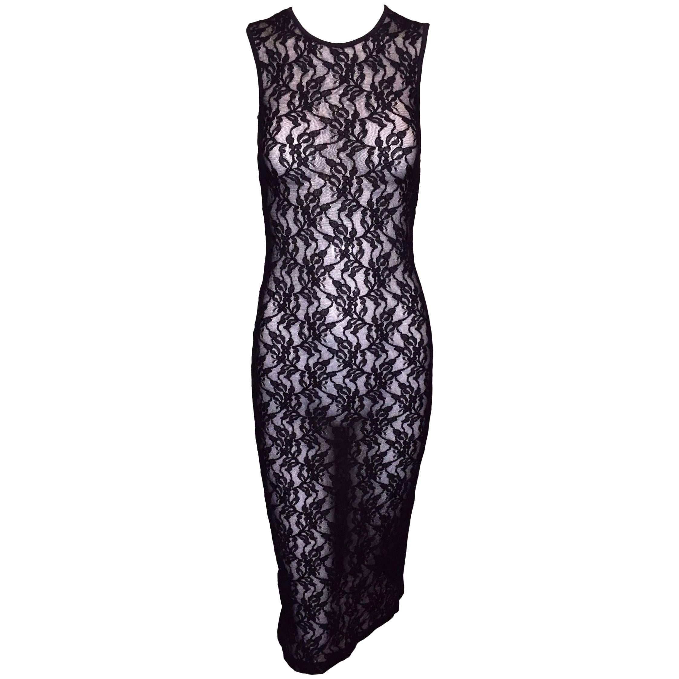 NWT 1990's D&G by Dolce & Gabbana Black Mesh & Lace Sheer Wiggle Dress XS/S