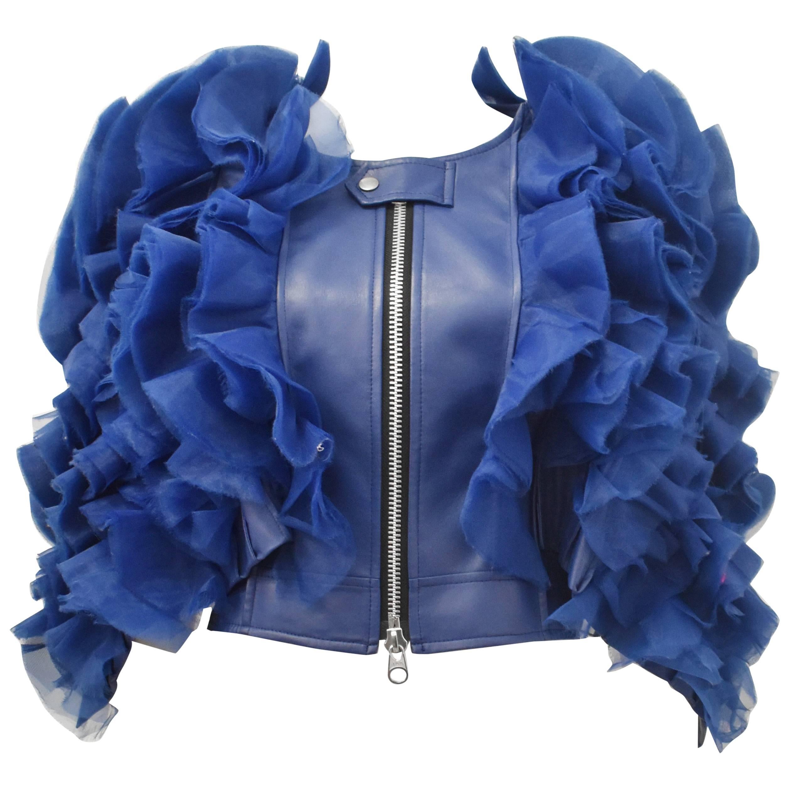 Junya Watanabe blue faux leather jacket with ruffles For Sale