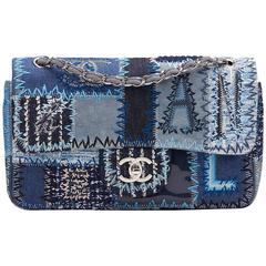 Chanel Blue Tweed, Textile And Leather Patchwork Jumbo Flap Bag