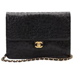 1980s Chanel Black Ostrich Leather Vintage Classic Single Flap Bag