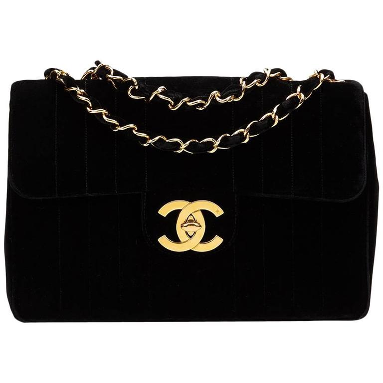 1990s Chanel Black Vertical Quilted Velvet Vintage Jumbo XL Flap Bag at  1stDibs