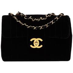 1990s Chanel Black Vertical Quilted Velvet Vintage Jumbo XL Flap Bag