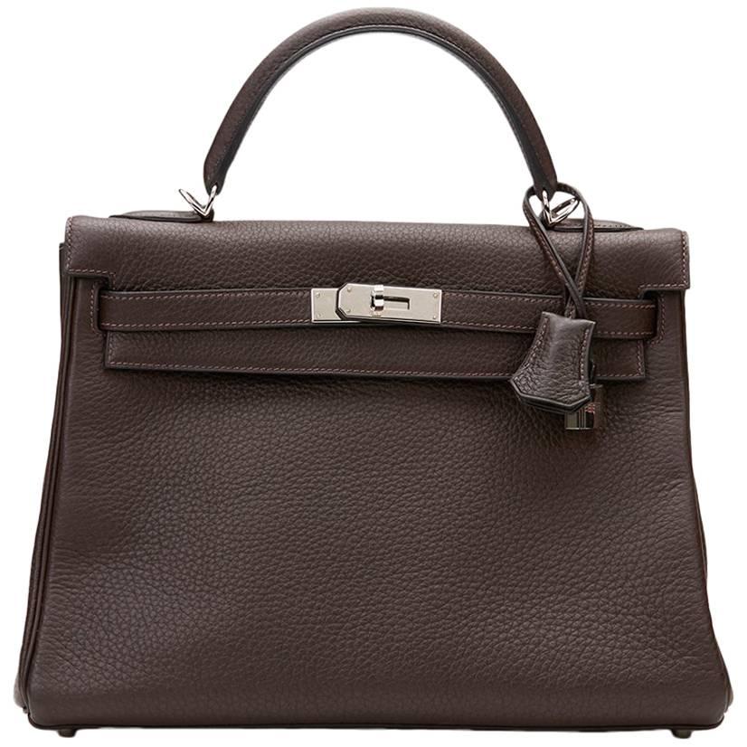 2003 Hermes Chocolate Clemence Leather Kelly Retourne 32cm