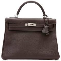 2003 Hermes Chocolate Clemence Leather Kelly Retourne 32cm