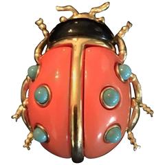 Retro KJL Faux Coral and Turquoise Kenneth Jay Lane Ladybug Runway Brooch Pin 