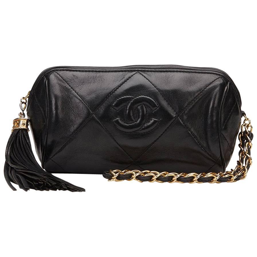 1980s Chanel Black Quilted Lambskin Vintage Fringe Pouch