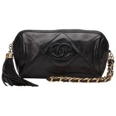 1980s Chanel Black Quilted Lambskin Vintage Fringe Pouch