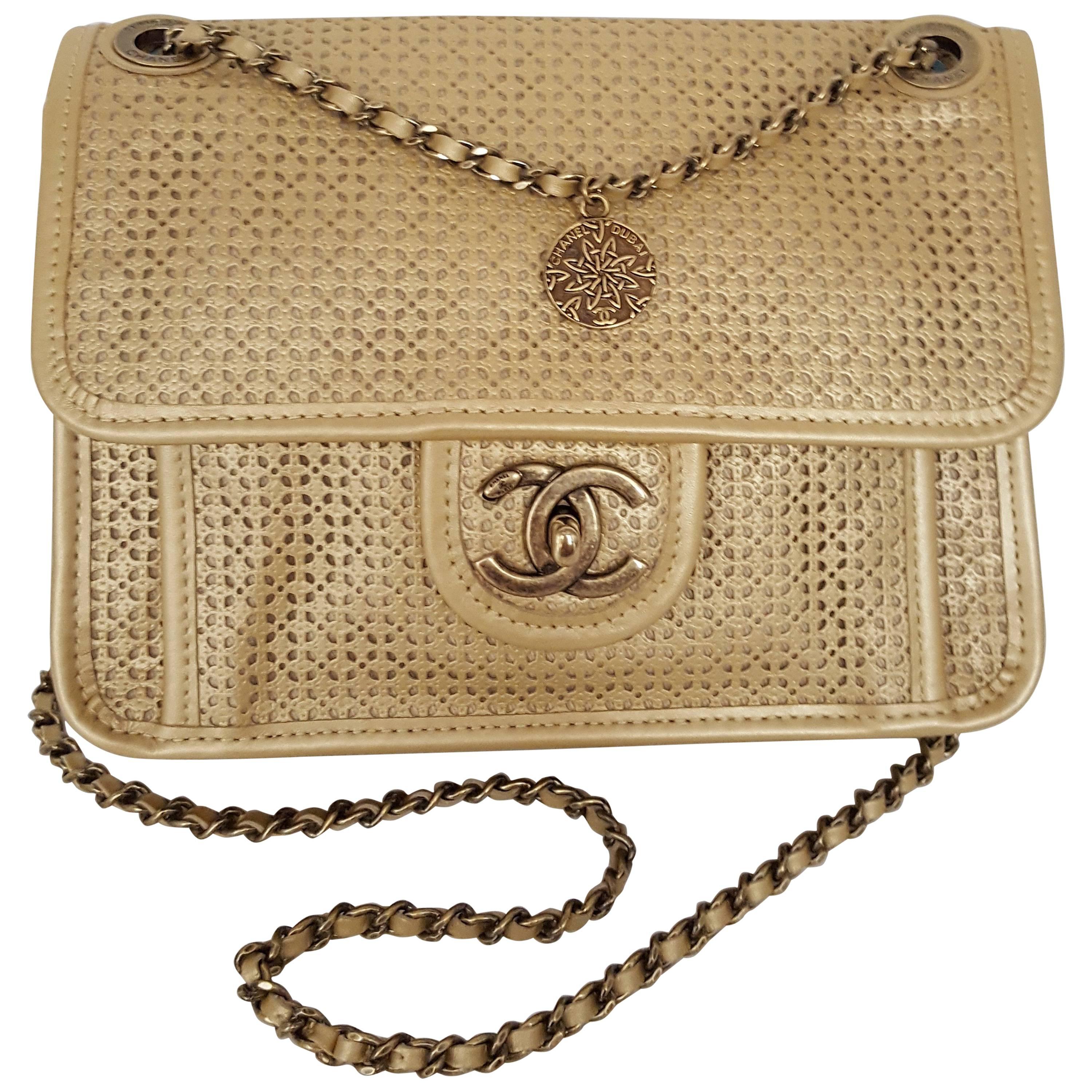 Chanel Rare Shoulder Flap Bag In Metallic Beige From the Dubai Collection