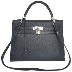 Hermes Black Kelly 32 With Palladium Hardware Chevre (Goat Skin)  2005