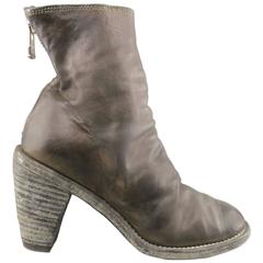 GUIDI Size 7 Brown Leather Distressed Chunky Heel Ankle Boots