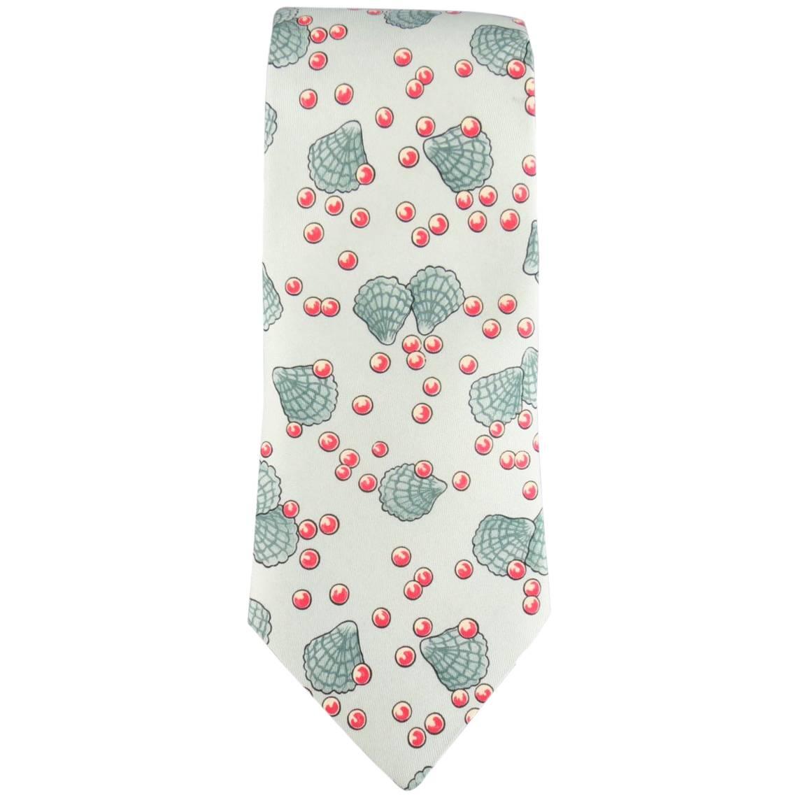 HERMES Mint Clam Sea Shell & Red Pearl Print Silk Tie
