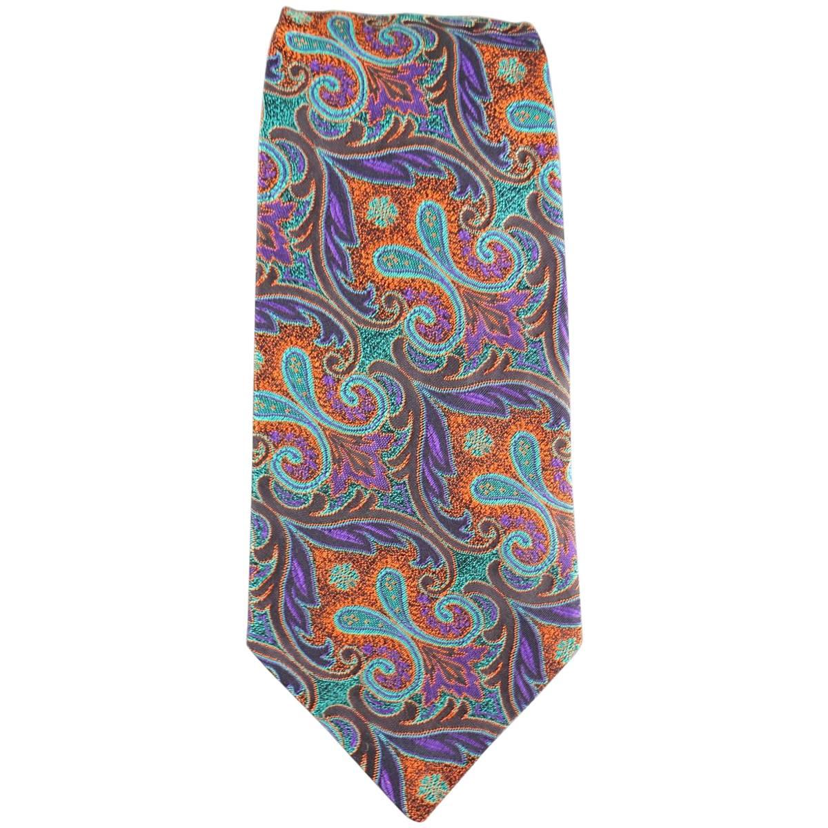 Vintage GIANNI VERSACE Purple Teal & Orange Paisley Brocade Print Silk Tie