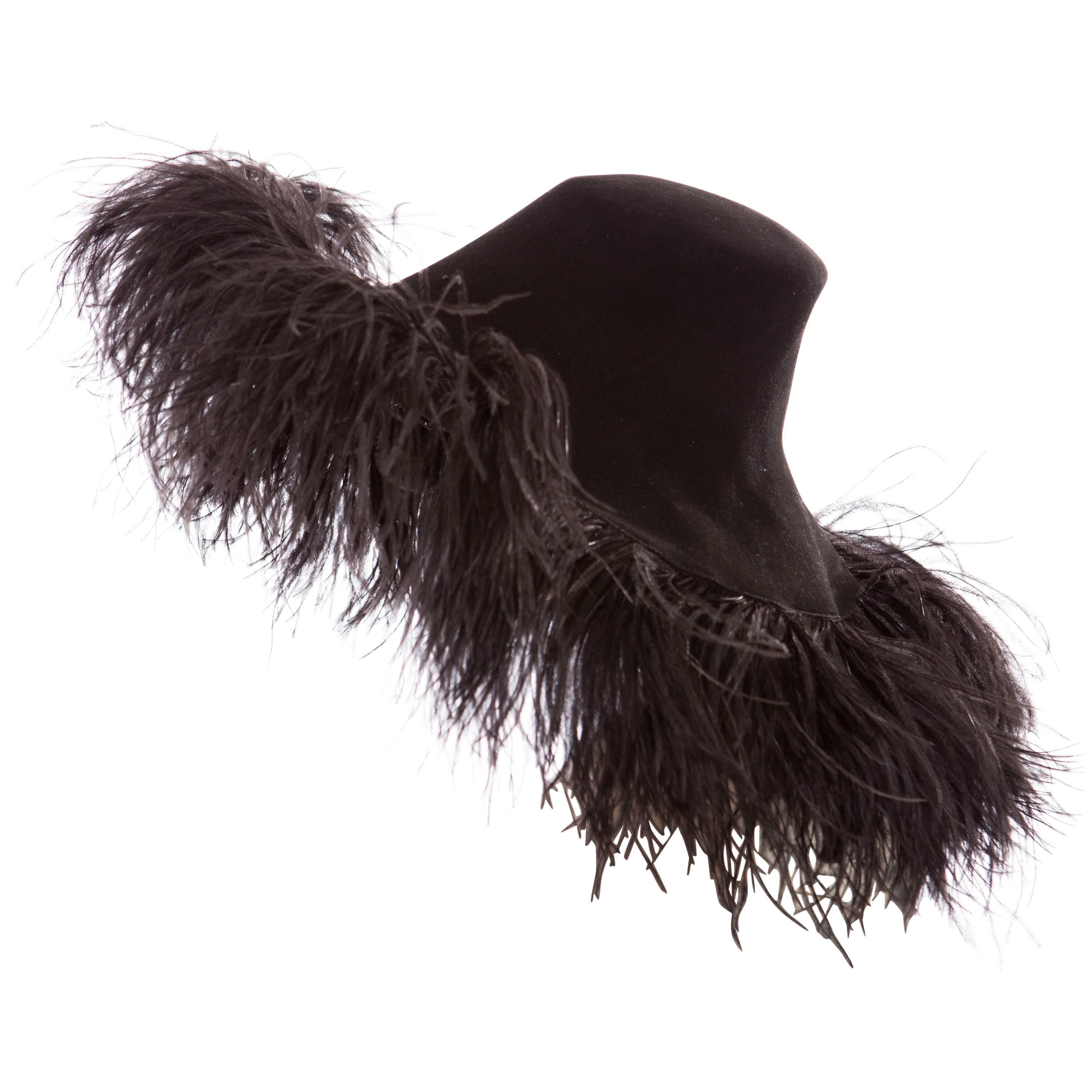 Alber Elbaz Lanvin Runway Black Wool Felt Hat Ostrich Feather Trim, Fall 2014