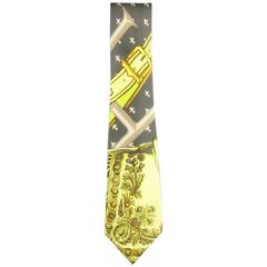 HERMES Gray Gold & Lime Green Brocade Belt Scarf Print Silk Tie