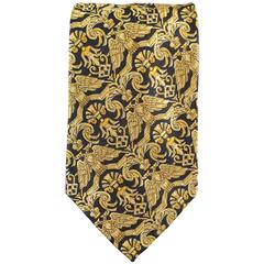 GIANNI VERSACE Gold & Black Eagle Brocade Print Silk Tie