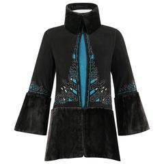 COUTURE c.1910's Edwardian Black Peacock Blue Velvet Detail Embroidered Jacket 10