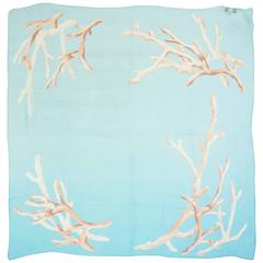 Oscar de la Renta Aqua Coral Print Silk Chiffon Scarf