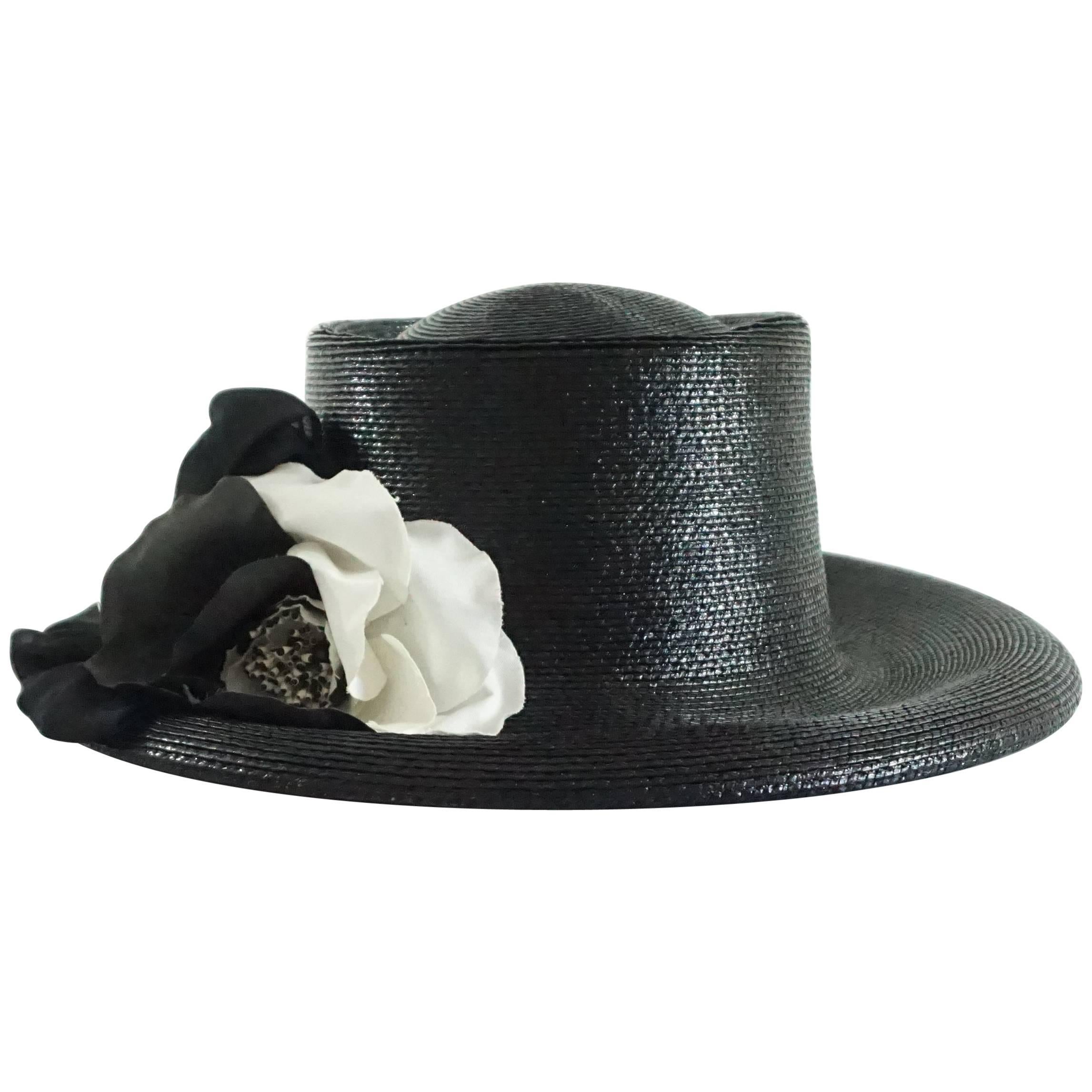 Suzanne Couture Millinery Black Gloss Straw Hat with Silk Flower