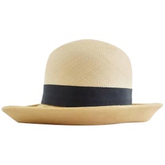 Suzanne Couture Beige Straw & Linen Hat w/ black ribbon